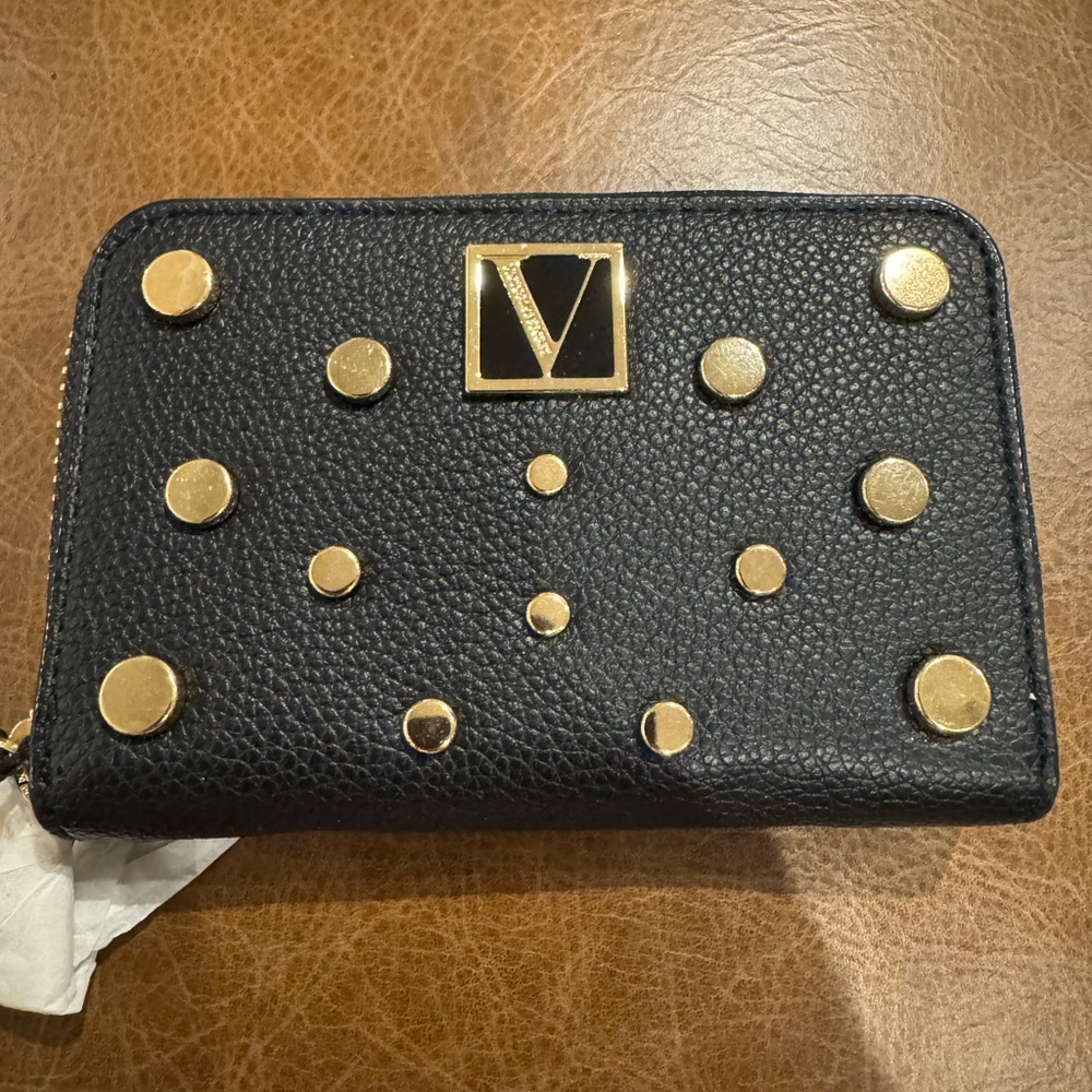 NWT Victorias Secret mini wallet in black with gold studs and zips closed